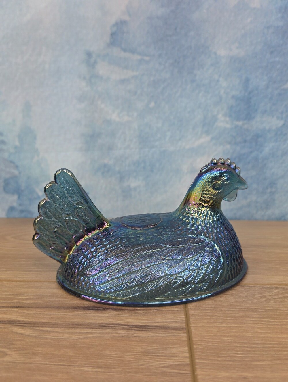 Vintage Indiana Glass Hen Candy Dish - TOP ONLY - Blue Iridescent Color